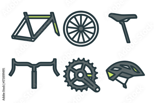 Essential bicycle components set including frame, wheel, seat, handlebars, crankset, and helmet
