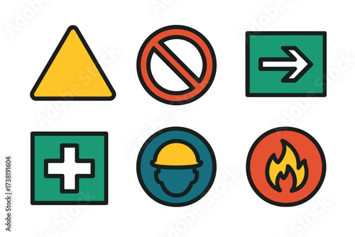 Essential safety and warning icons including hazard, prohibition, exit, first aid, hard hat, and fire