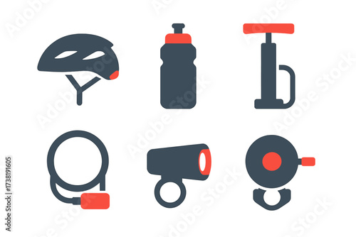 Essential cycling accessories set with helmet, water bottle, pump, lock, light, and bell
