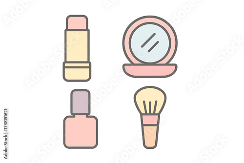 Assortment of pastel colored makeup and cosmetic beauty products for personal care