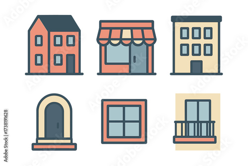 Modern flat design for city buildings, houses, shops, doors, windows, and balconies