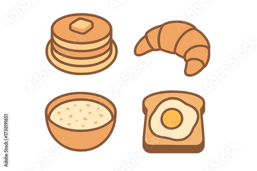 Assortment of classic breakfast dishes: pancakes, croissant, cereal, and egg toast