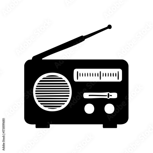 Black and white silhouette of a vintage radio with an antenna