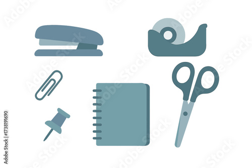 Essential office and school supplies collection with stapler tape scissors notebook