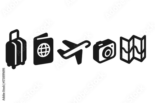 Set of essential travel and tourism icons for global journey planning and vacation