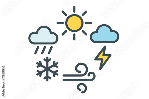 Circular arrangement of weather and climate icons for forecast and seasons