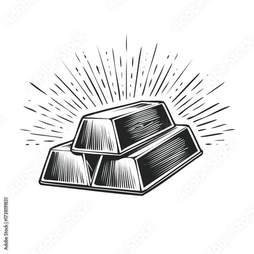 Engraved Gold Bars with Radiating Light Beams Vintage Treasure Symbol