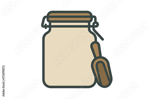 Glass storage jar with a small scoop for dry ingredients or pantry staples