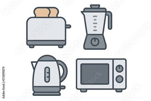 Essential kitchen appliances set including toaster blender kettle and microwave oven