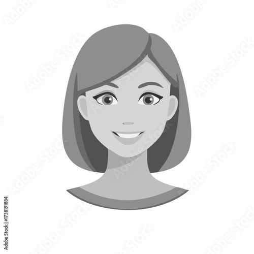 Monochrome illustration of woman's face with smiling expression and short hair