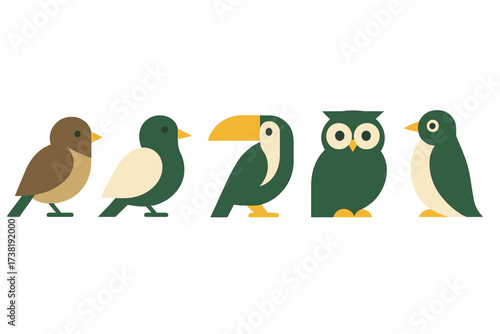 Diverse group of stylized birds featuring an owl, toucan, and penguin in flat design