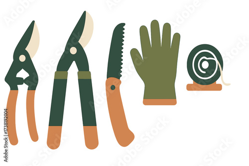 Essential gardening tools including pruning shears, hand saw, glove, and plant tie
