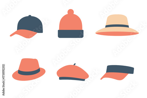 Collection of diverse headwear styles including baseball caps, beanies, sun hats, and berets