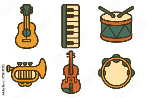 Diverse musical instruments collection featuring guitar, keyboard, drum, trumpet, violin, and tambourine