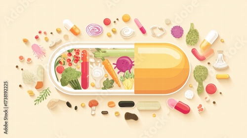 Healthy gut bacteria concept with natural probiotics for immune support.