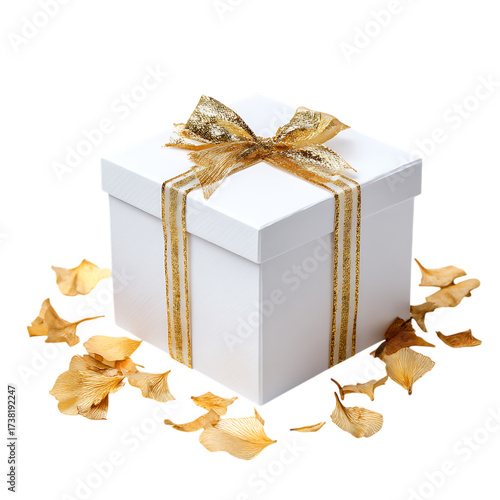 Elegant white gift box with golden ribbon and petals