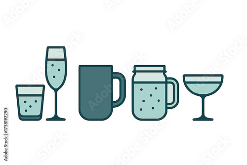 Assortment of stylized drinking glasses and mugs for various beverages and occasions