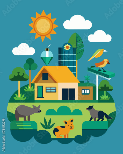 A solarpowered wildlife rehabilitation center using sustainable energy to care for injured or orphaned animals and return them to their natural habitats.. Vector illustration
