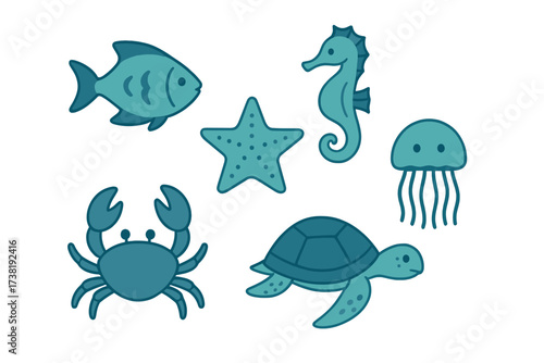 Marine animals including fish, seahorse, crab, starfish, turtle, and jellyfish