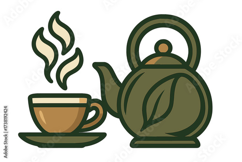 Steaming hot cup of tea with a traditional teapot for a cozy beverage moment