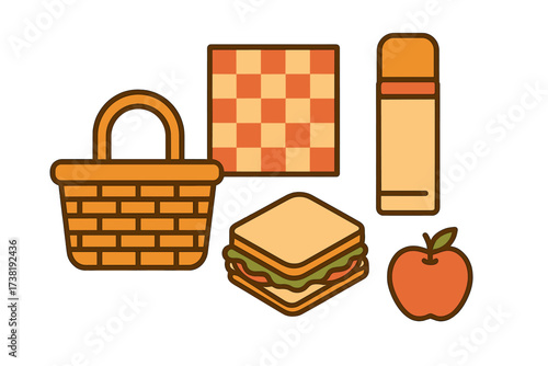 Outdoor picnic essentials with a basket, checkered blanket, thermos, sandwich, and apple
