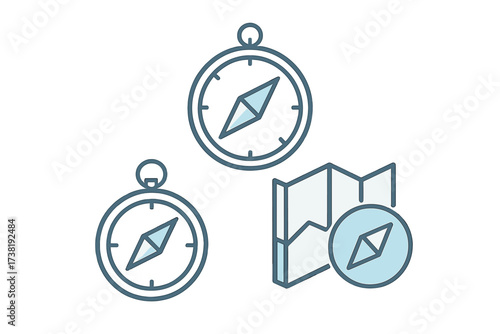 Set of navigation and direction icons featuring compasses and a folded map