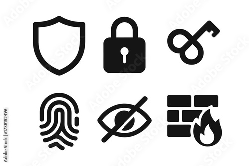 Digital security and privacy icons set with shield, padlock, key, fingerprint, hidden eye, and firewall