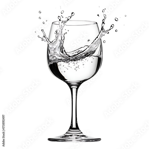 Dynamic water splash in a wine glass against a black background