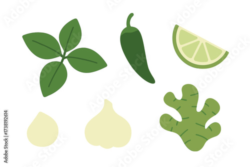 Assortment of fresh cooking ingredients including basil leaves, chili pepper, lime, garlic, and ginger root