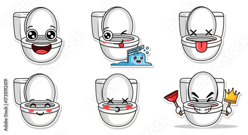 Collection of amusing toilet illustrations with diverse expressions and comical situations depicted