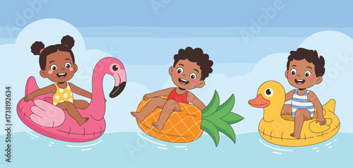 Children floating on pool toys, summer fun illustration, inflatable flamingo duck pineapple, water play scene, cheerful vector design, blue sky and ripples