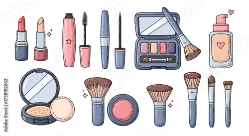 Collection of diverse makeup and beauty products representing beauty and elegance illustrations