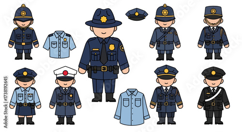 Collection of diverse cartoon police officers and uniform illustrations for educational purposes