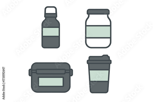 Reusable food and drink containers: bottle, jar, lunchbox, and coffee cup