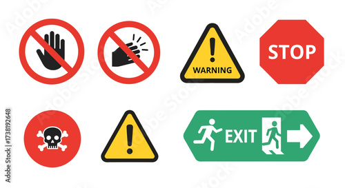 Collection of essential safety warnings and regulatory hazard symbols in crisp vector format