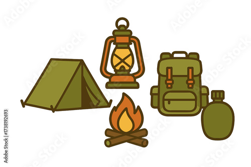 Camping and outdoor adventure equipment set with tent, lantern, campfire, backpack, and canteen