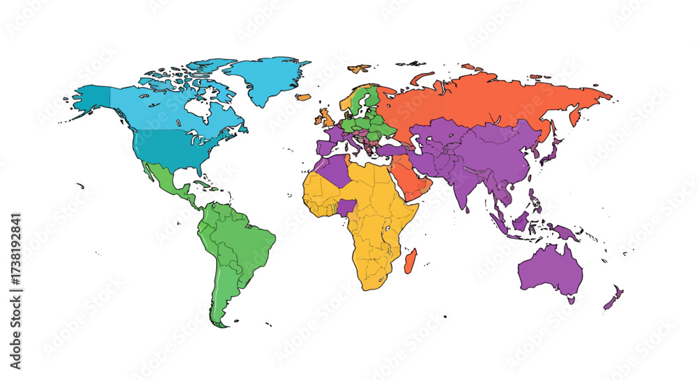 Obraz premium Colorful world map with continents, representing geographic diversity and global concepts for