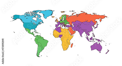 Colorful world map with continents, representing geographic diversity and global concepts for