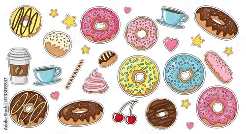 Colorful sticker set illustration featuring various donut designs, coffee cups and dessert items