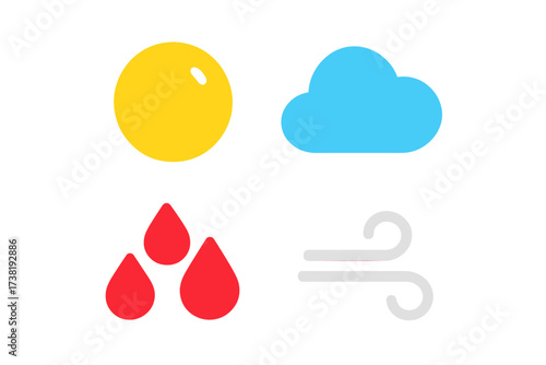 Simple weather forecast icons featuring sun, cloud, rain, and wind symbols