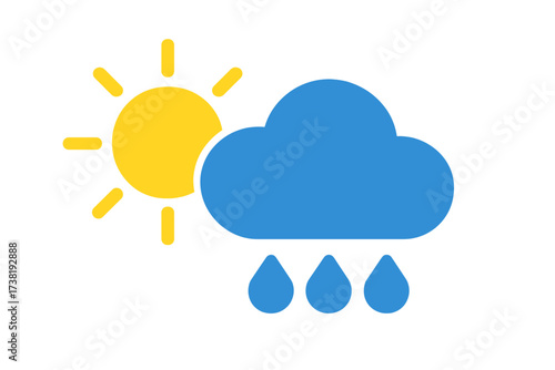 Weather forecast symbol showing sun behind a rain cloud with falling raindrops