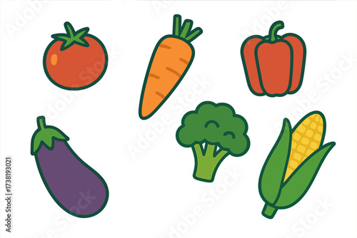 Assortment of vibrant healthy garden vegetables including tomato carrot broccoli corn