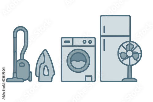 Household appliances set: vacuum cleaner, washing machine, refrigerator, iron, fan