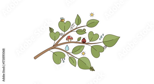 Delicate illustration of a whimsical tree branch with leaves shaped like hearts featuring nature