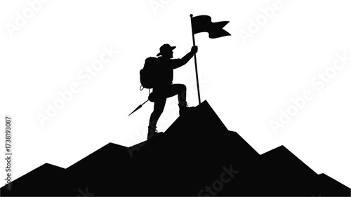 Silhouette of a triumphant climber planting a flag on a mountain peak