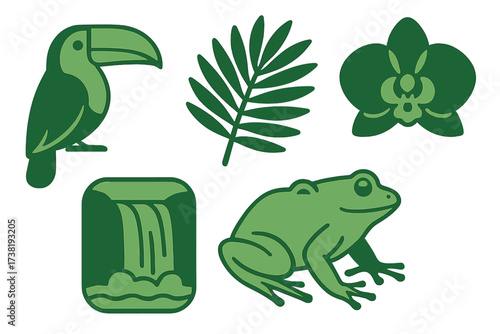 Collection of tropical jungle animals and plants with a waterfall icon set featuring a toucan and frog