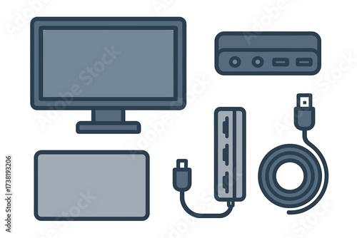 Collection of essential computer hardware and peripheral devices for modern technology setups