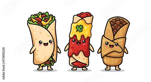 Delightful trio of animated mexican food with smiling faces ideal for stickers and illustrations