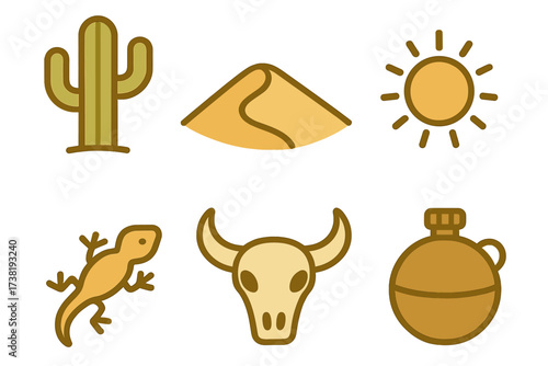 Collection of desert elements including cactus, sand dune, sun, lizard, skull, and canteen