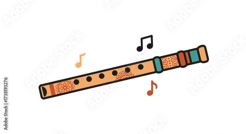 Delightful decorative flute illustration with musical notes dancing around on a white backdrop